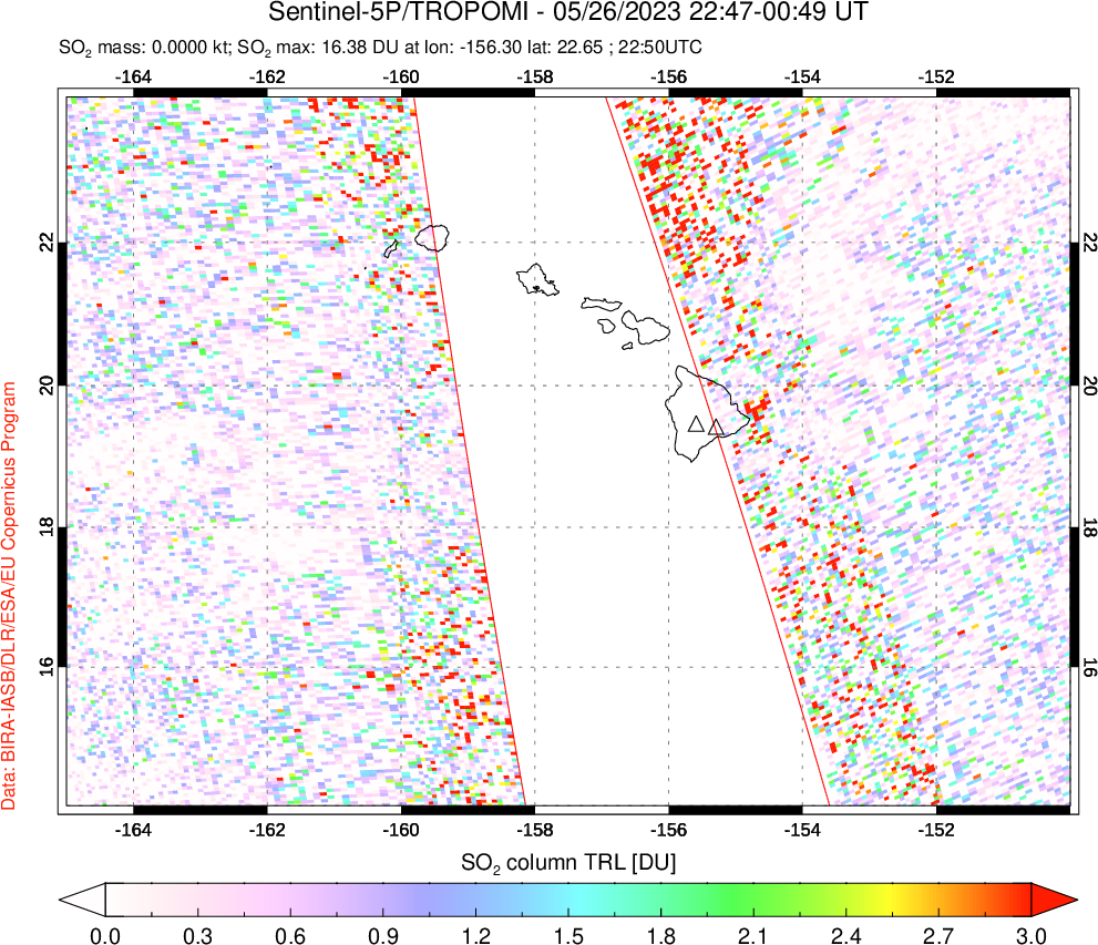 A sulfur dioxide image over Hawaii, USA on May 26, 2023.