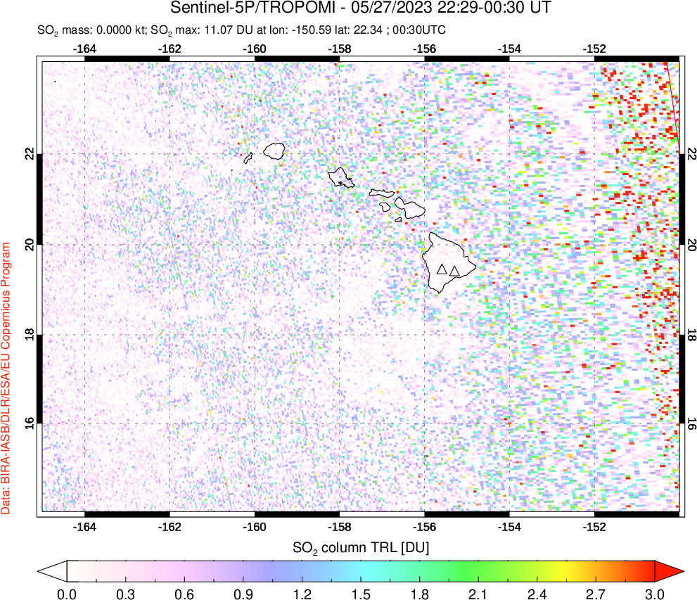 A sulfur dioxide image over Hawaii, USA on May 27, 2023.