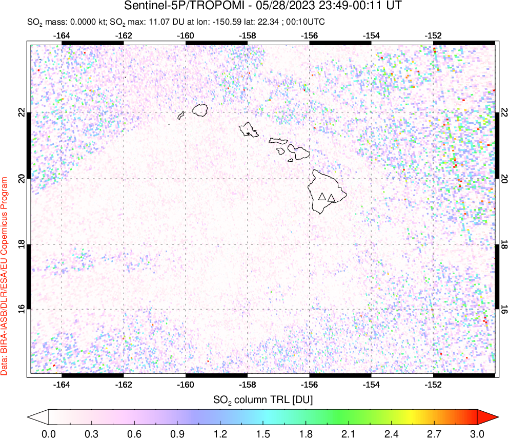 A sulfur dioxide image over Hawaii, USA on May 28, 2023.