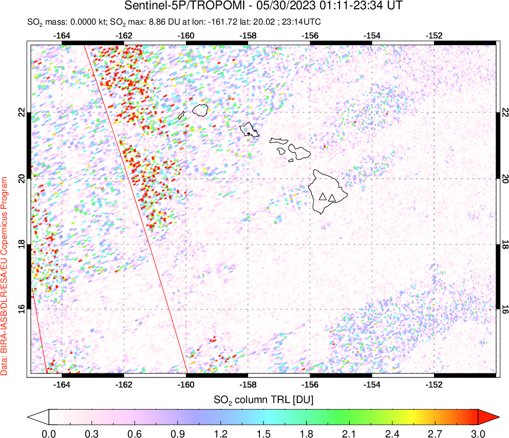 A sulfur dioxide image over Hawaii, USA on May 30, 2023.