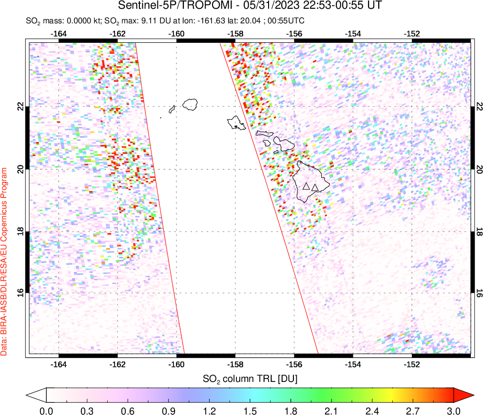 A sulfur dioxide image over Hawaii, USA on May 31, 2023.