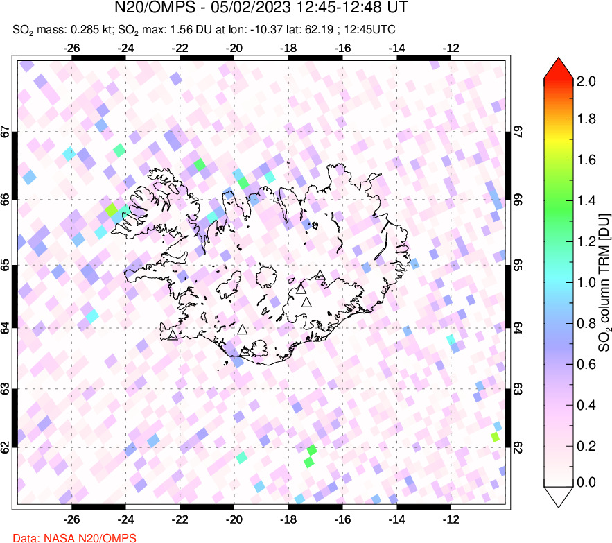 A sulfur dioxide image over Iceland on May 02, 2023.