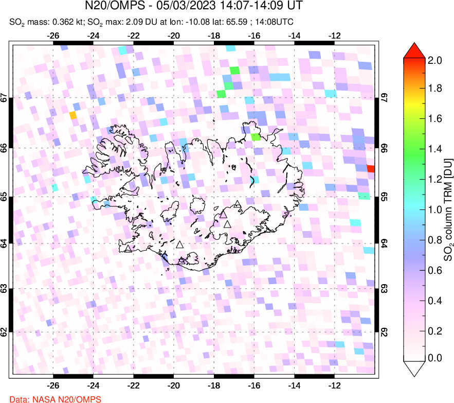 A sulfur dioxide image over Iceland on May 03, 2023.