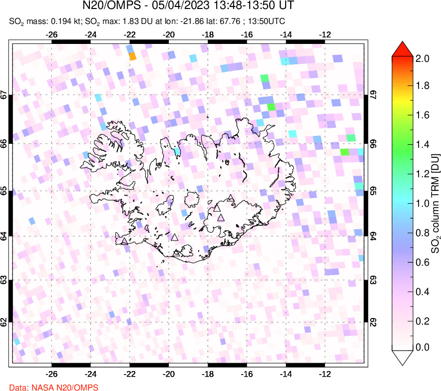 A sulfur dioxide image over Iceland on May 04, 2023.