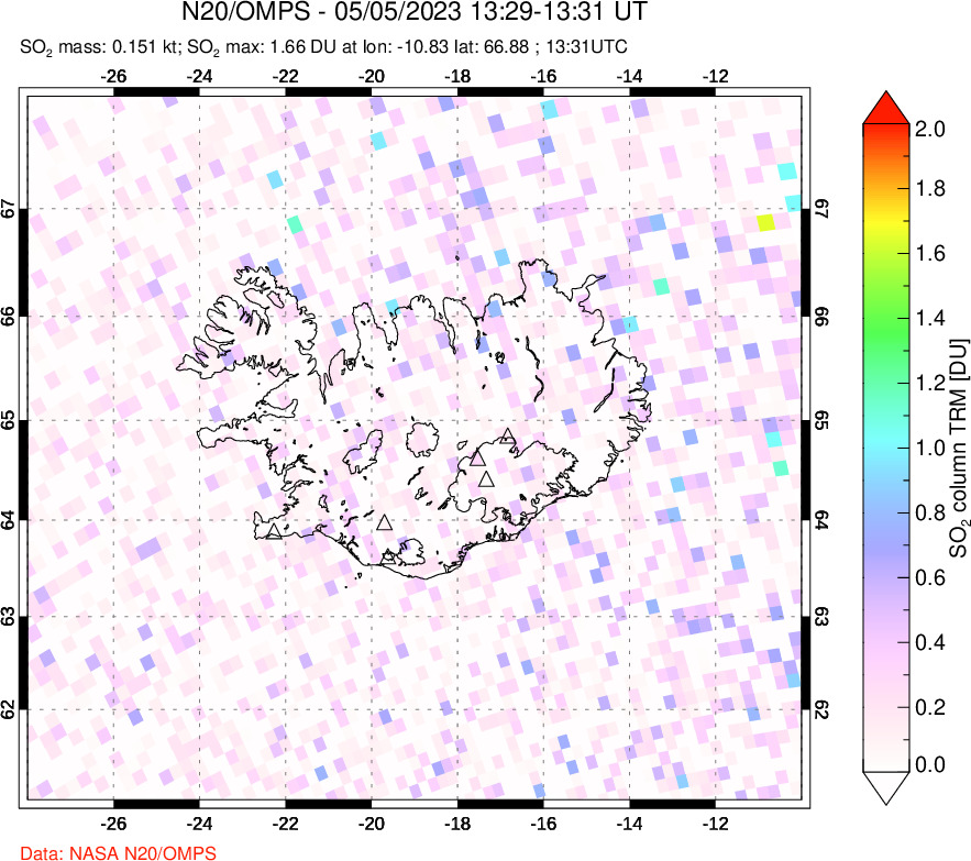 A sulfur dioxide image over Iceland on May 05, 2023.