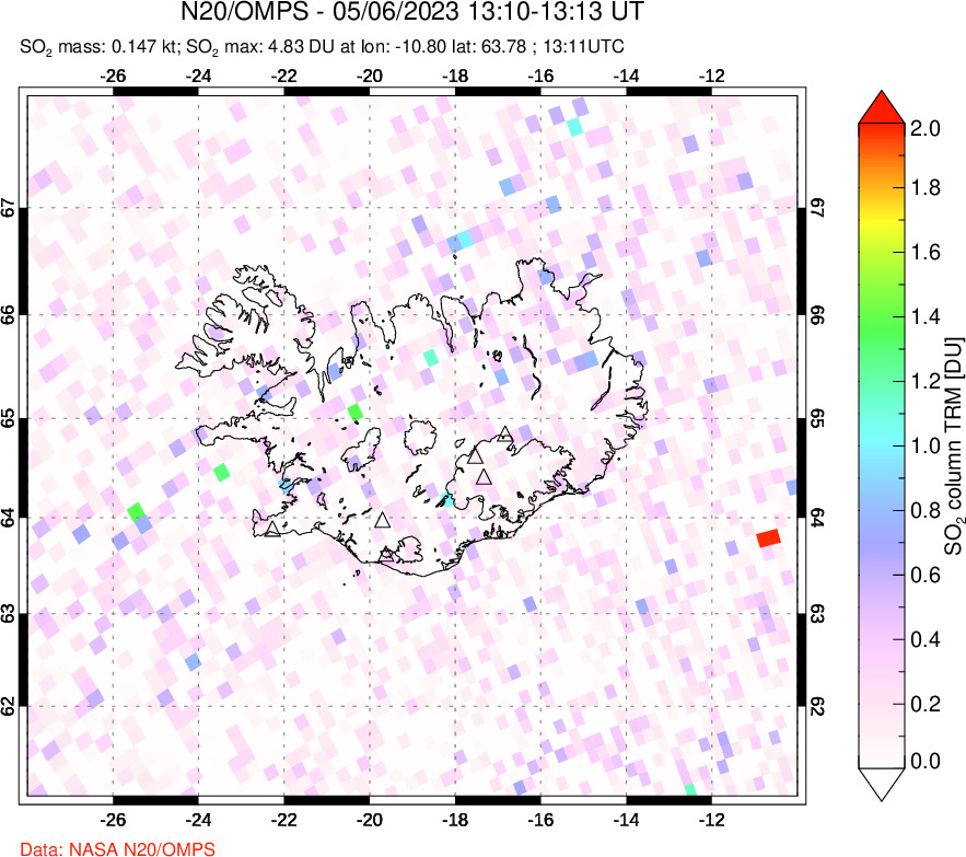 A sulfur dioxide image over Iceland on May 06, 2023.