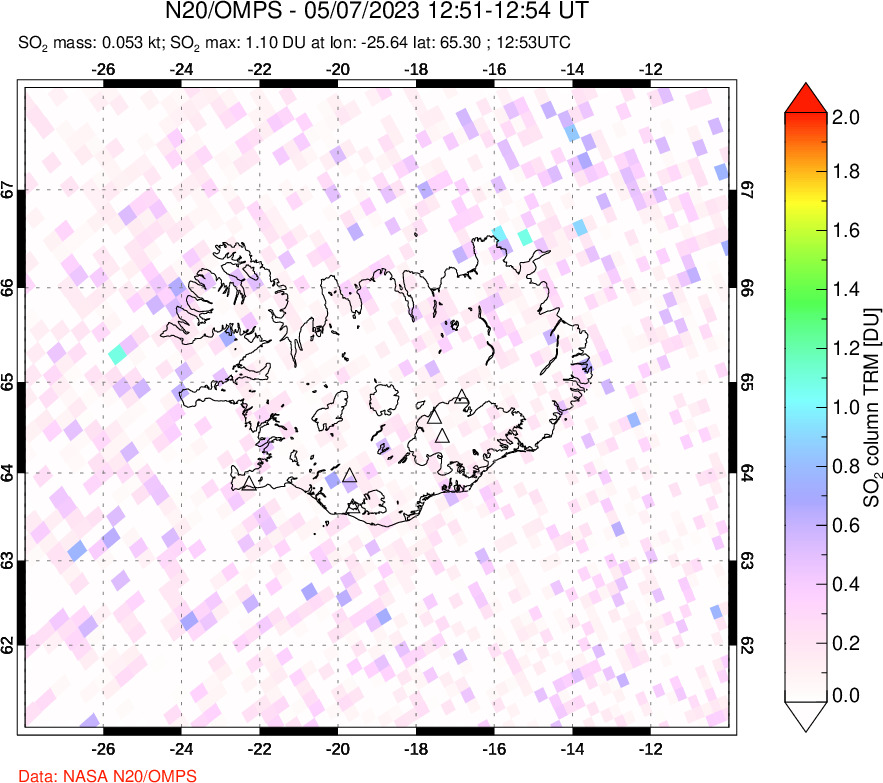 A sulfur dioxide image over Iceland on May 07, 2023.