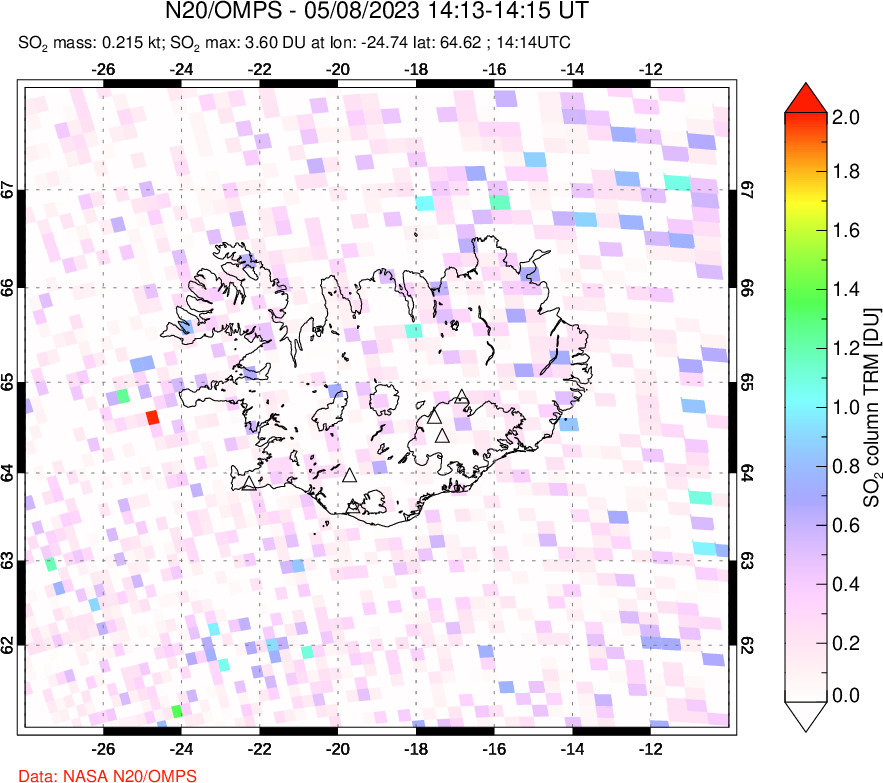 A sulfur dioxide image over Iceland on May 08, 2023.