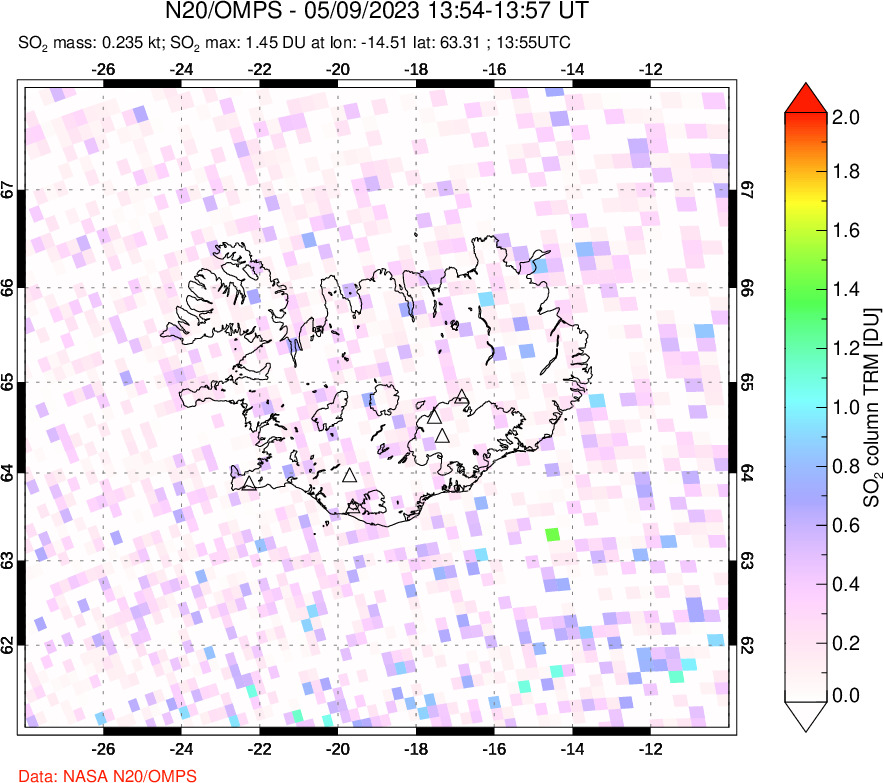 A sulfur dioxide image over Iceland on May 09, 2023.