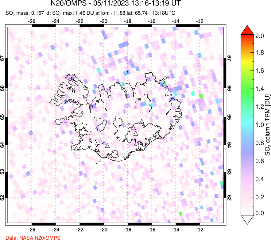 A sulfur dioxide image over Iceland on May 11, 2023.