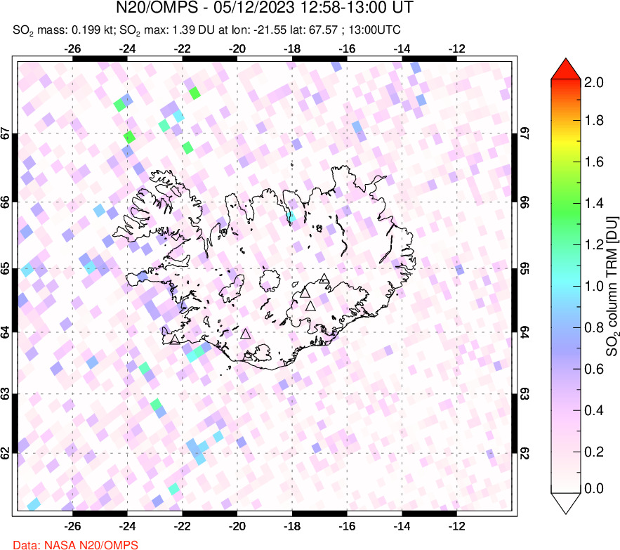 A sulfur dioxide image over Iceland on May 12, 2023.