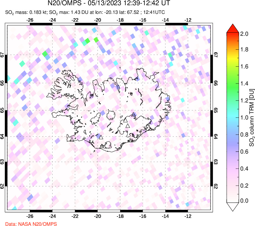 A sulfur dioxide image over Iceland on May 13, 2023.