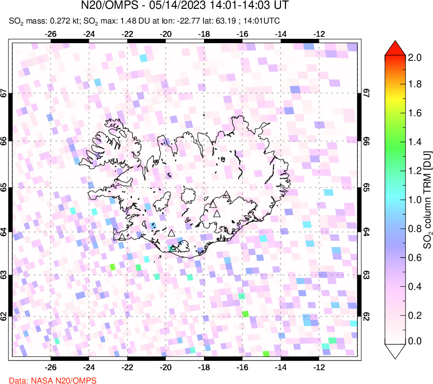 A sulfur dioxide image over Iceland on May 14, 2023.