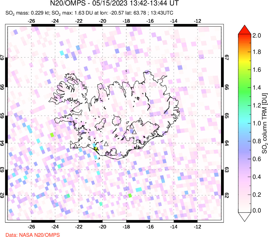 A sulfur dioxide image over Iceland on May 15, 2023.