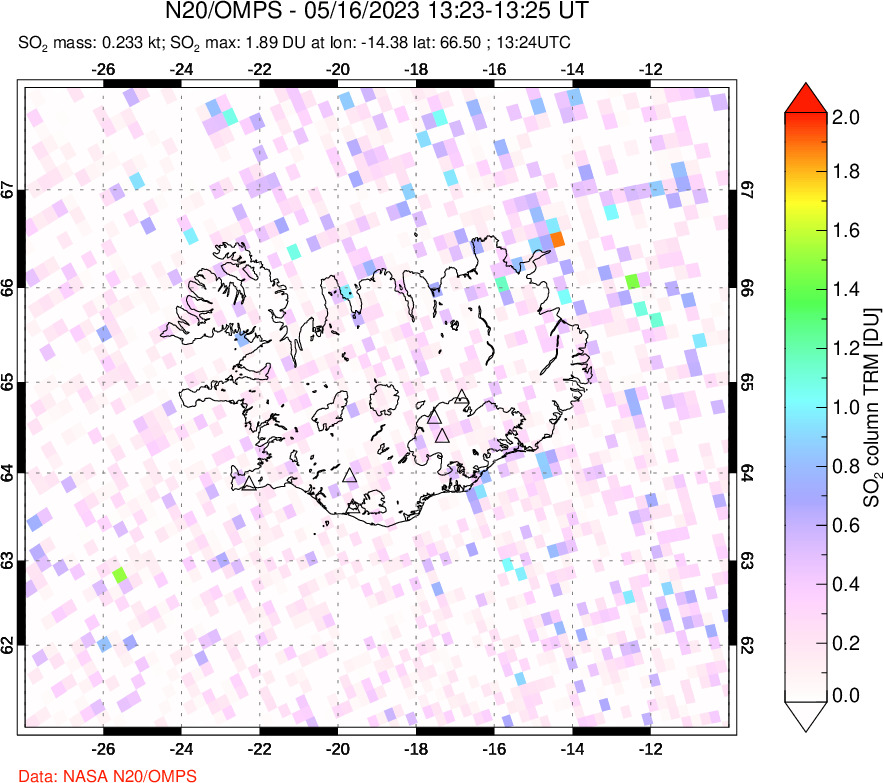 A sulfur dioxide image over Iceland on May 16, 2023.