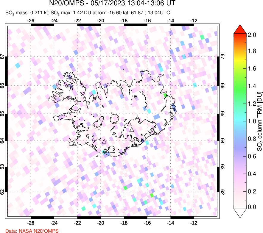 A sulfur dioxide image over Iceland on May 17, 2023.