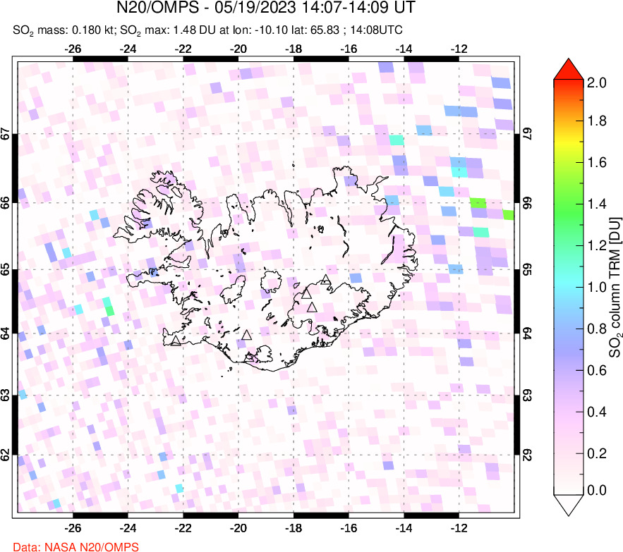 A sulfur dioxide image over Iceland on May 19, 2023.