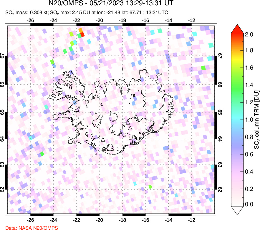 A sulfur dioxide image over Iceland on May 21, 2023.