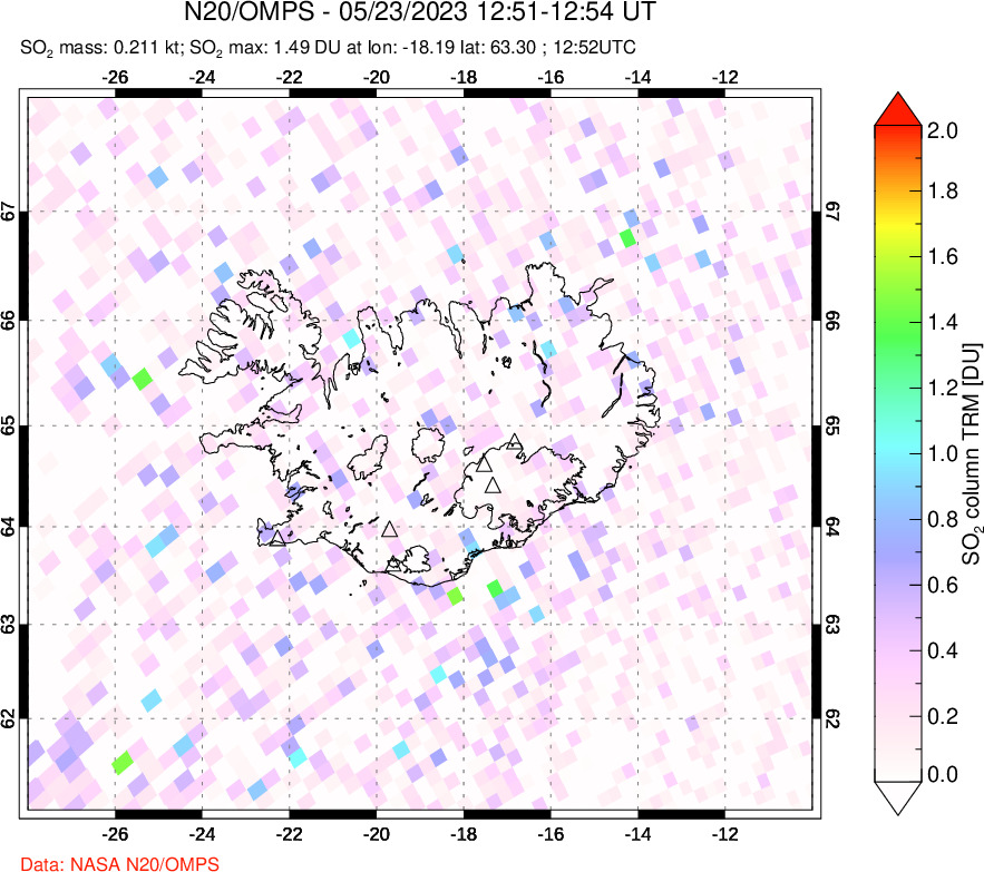 A sulfur dioxide image over Iceland on May 23, 2023.