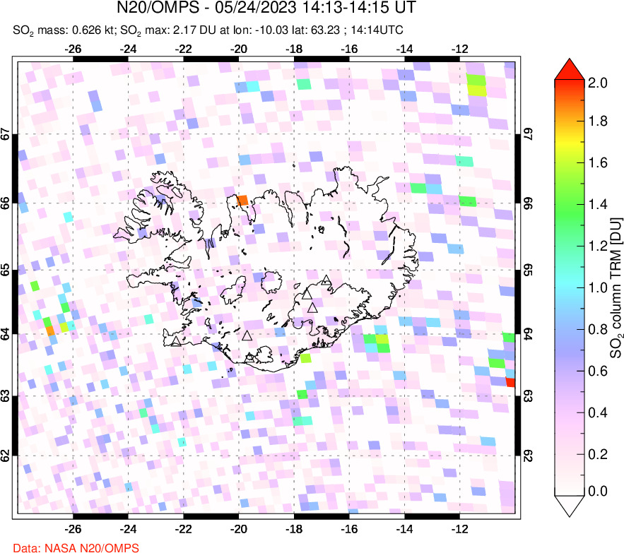 A sulfur dioxide image over Iceland on May 24, 2023.