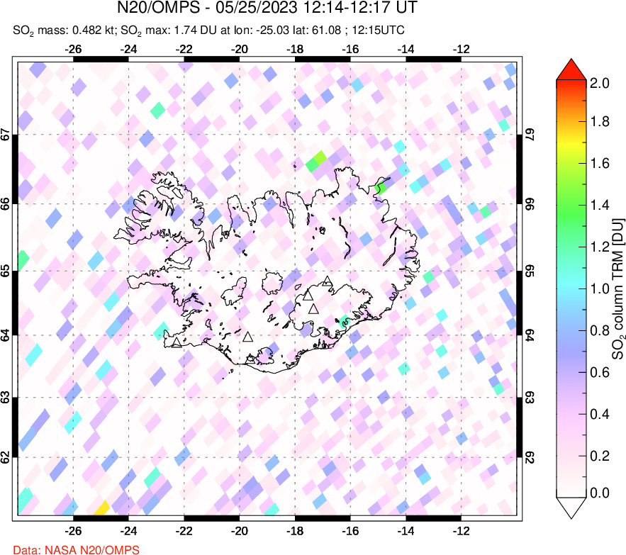 A sulfur dioxide image over Iceland on May 25, 2023.