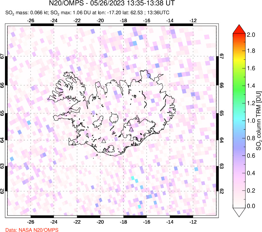 A sulfur dioxide image over Iceland on May 26, 2023.