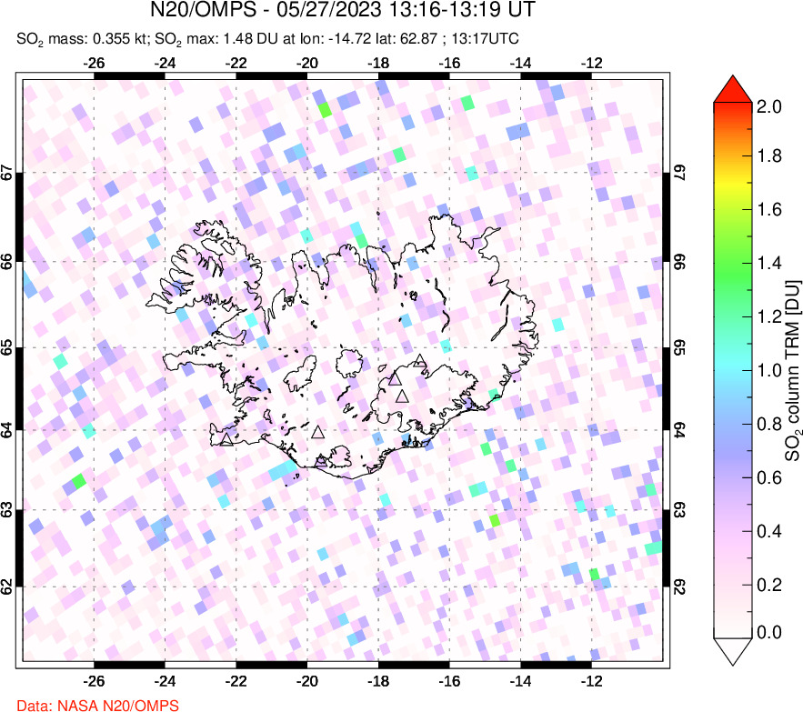 A sulfur dioxide image over Iceland on May 27, 2023.