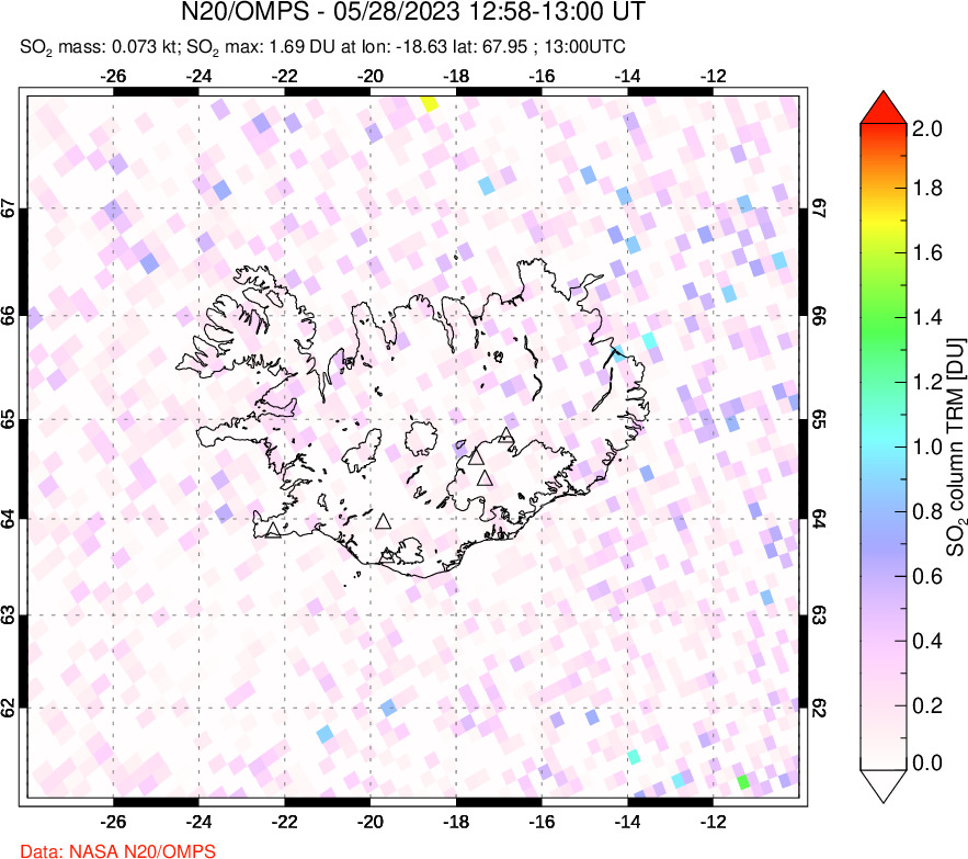 A sulfur dioxide image over Iceland on May 28, 2023.