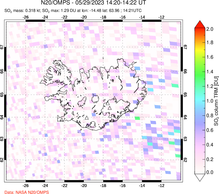 A sulfur dioxide image over Iceland on May 29, 2023.