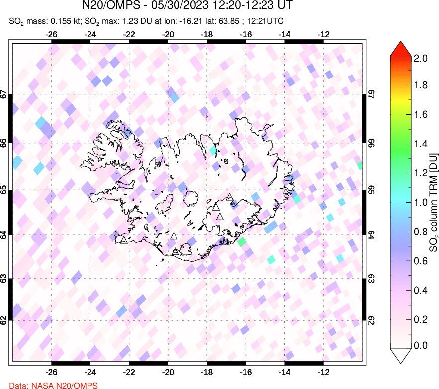 A sulfur dioxide image over Iceland on May 30, 2023.