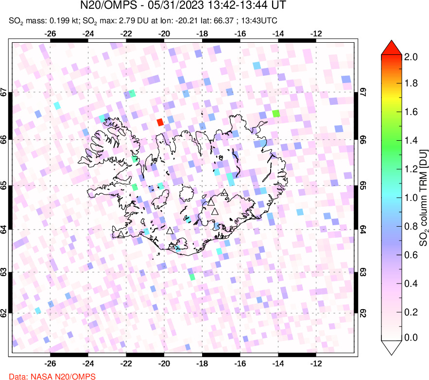 A sulfur dioxide image over Iceland on May 31, 2023.