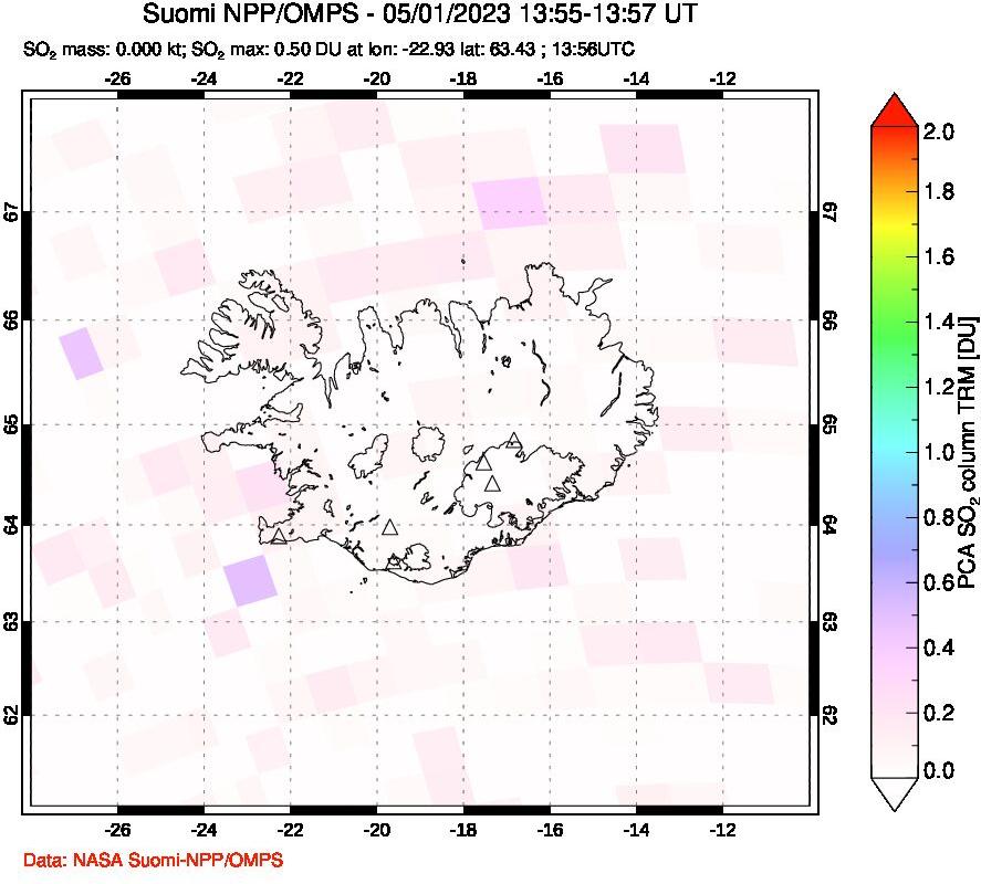 A sulfur dioxide image over Iceland on May 01, 2023.