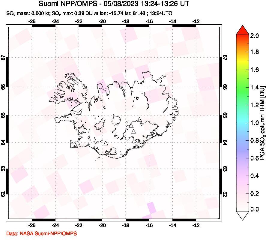 A sulfur dioxide image over Iceland on May 08, 2023.