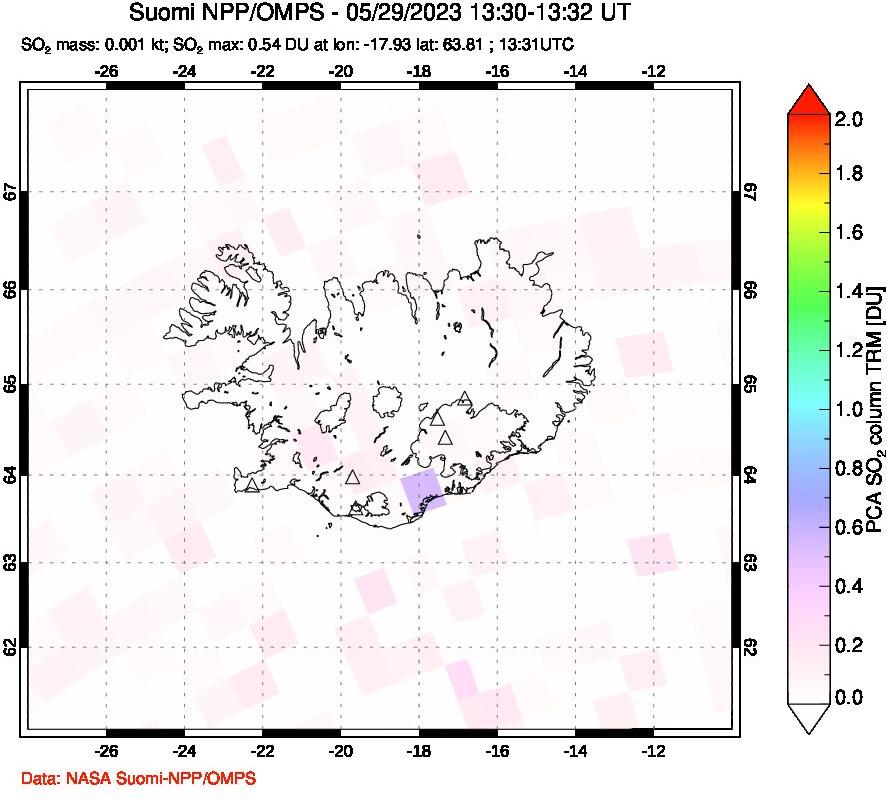 A sulfur dioxide image over Iceland on May 29, 2023.