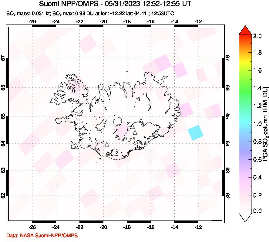 A sulfur dioxide image over Iceland on May 31, 2023.