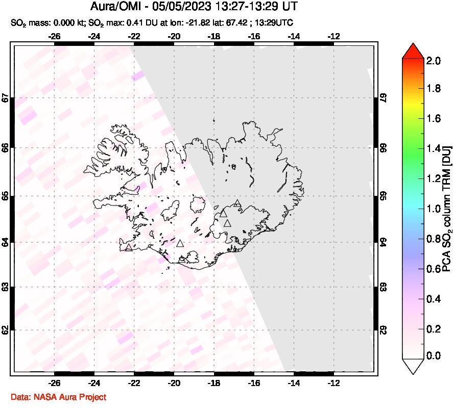 A sulfur dioxide image over Iceland on May 05, 2023.