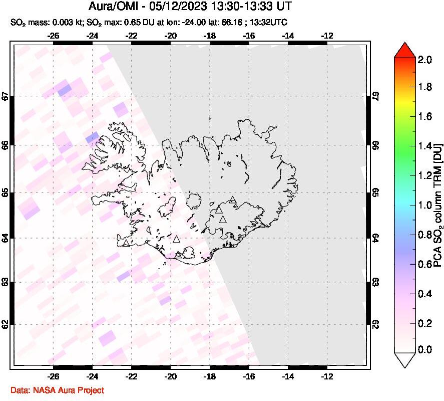 A sulfur dioxide image over Iceland on May 12, 2023.