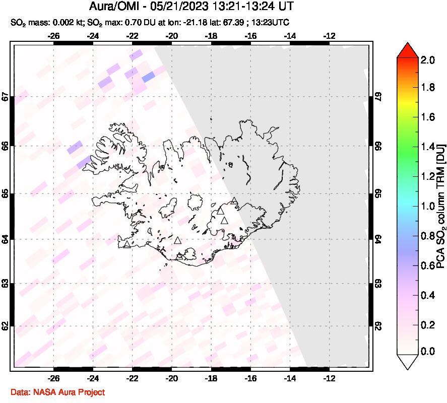 A sulfur dioxide image over Iceland on May 21, 2023.