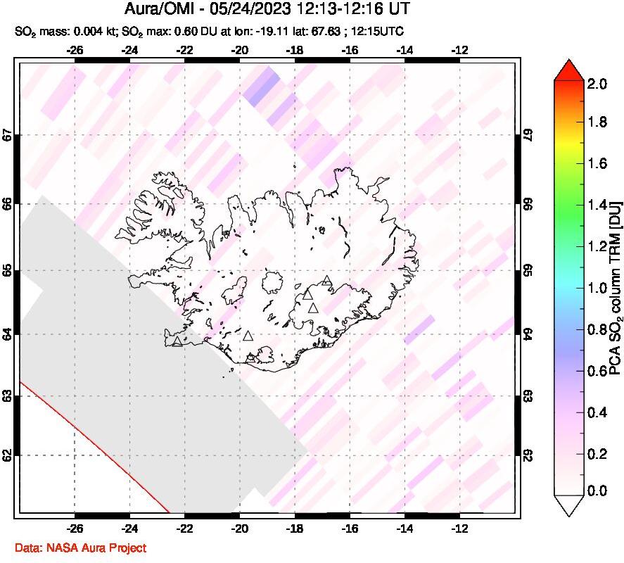 A sulfur dioxide image over Iceland on May 24, 2023.