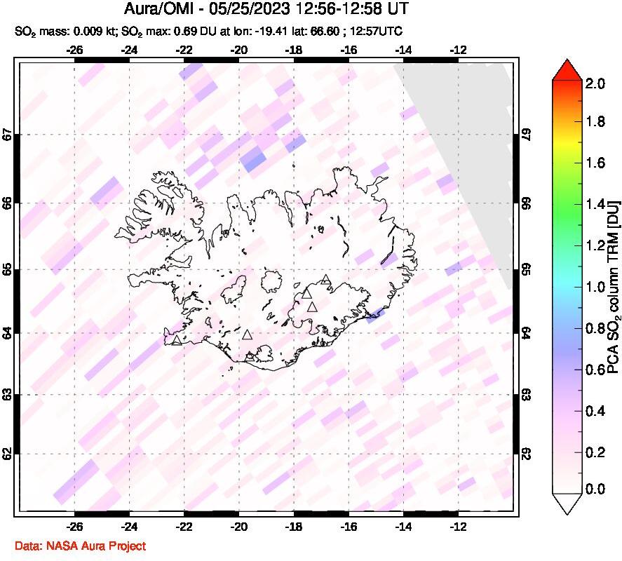 A sulfur dioxide image over Iceland on May 25, 2023.