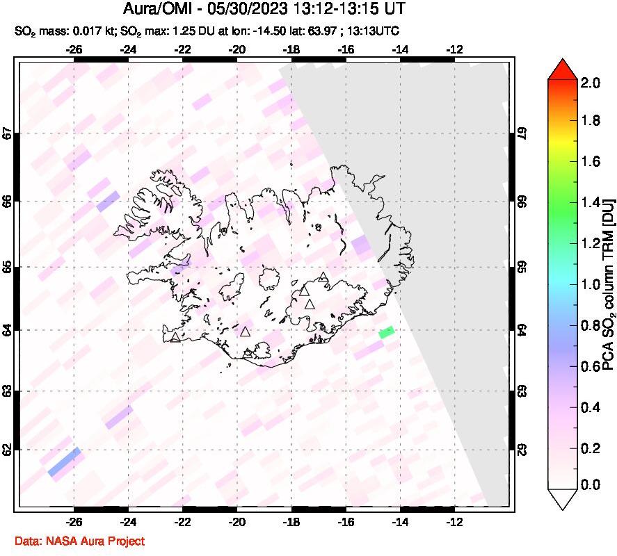 A sulfur dioxide image over Iceland on May 30, 2023.