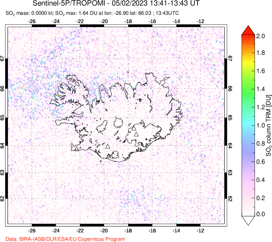 A sulfur dioxide image over Iceland on May 02, 2023.