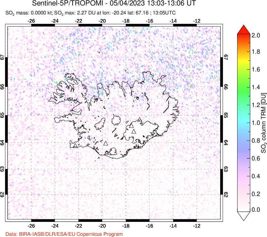 A sulfur dioxide image over Iceland on May 04, 2023.