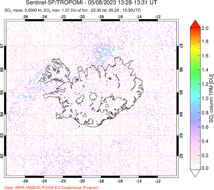 A sulfur dioxide image over Iceland on May 08, 2023.