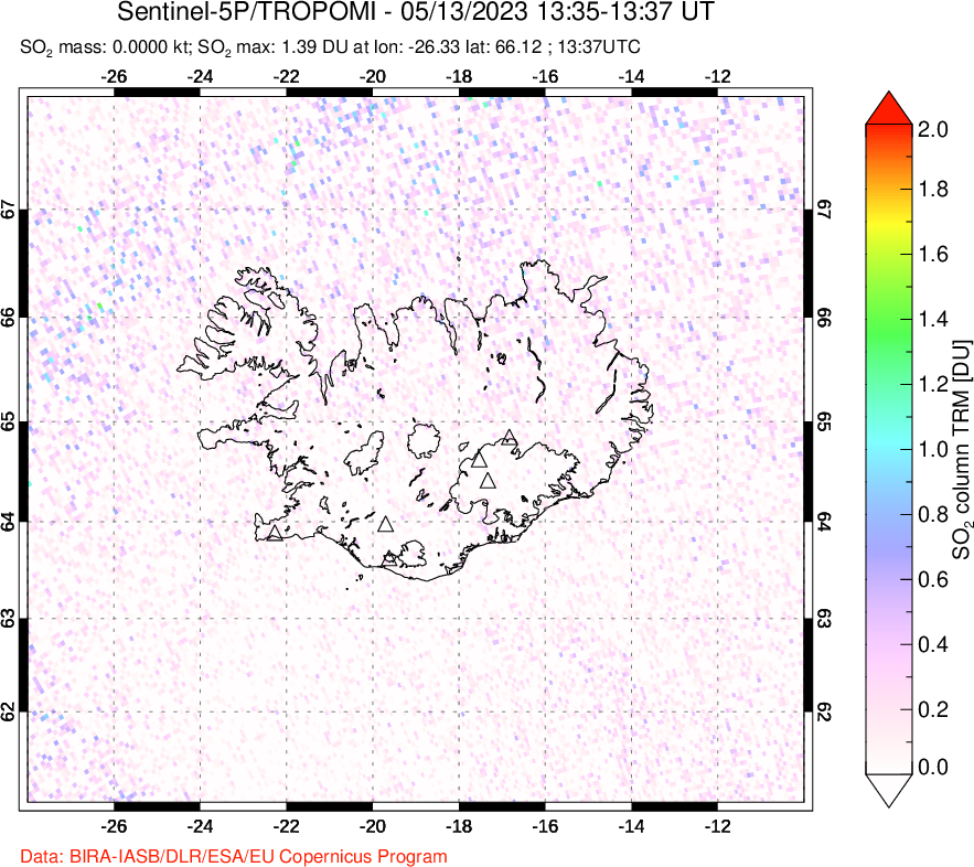 A sulfur dioxide image over Iceland on May 13, 2023.