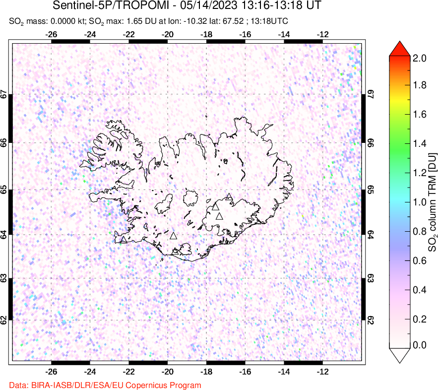 A sulfur dioxide image over Iceland on May 14, 2023.