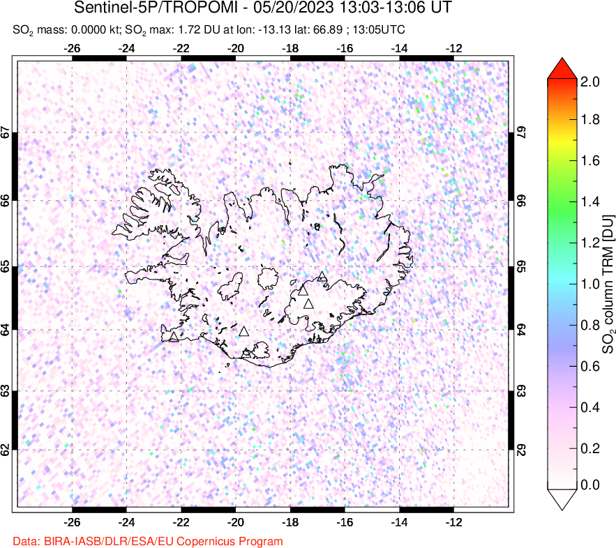 A sulfur dioxide image over Iceland on May 20, 2023.
