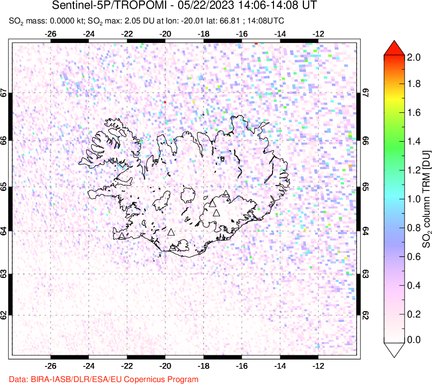 A sulfur dioxide image over Iceland on May 22, 2023.