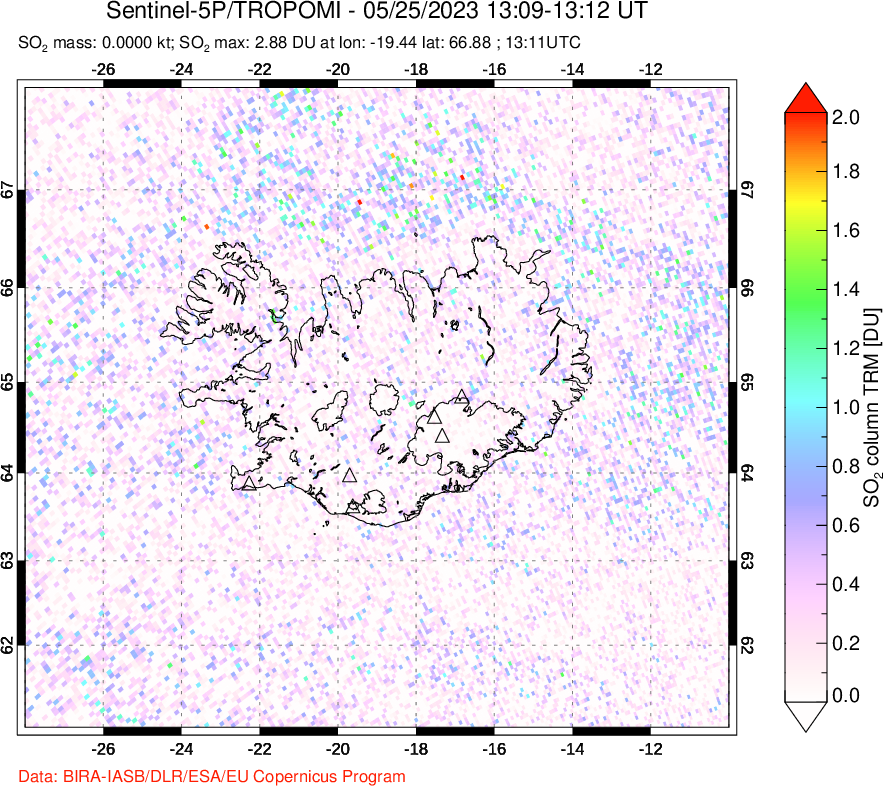 A sulfur dioxide image over Iceland on May 25, 2023.