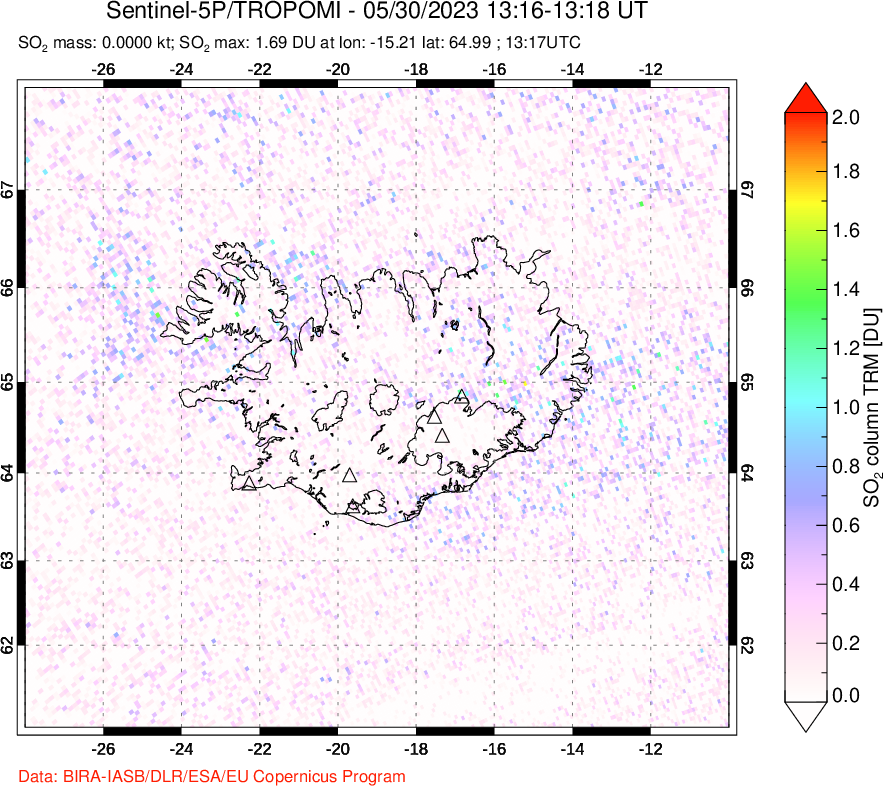 A sulfur dioxide image over Iceland on May 30, 2023.